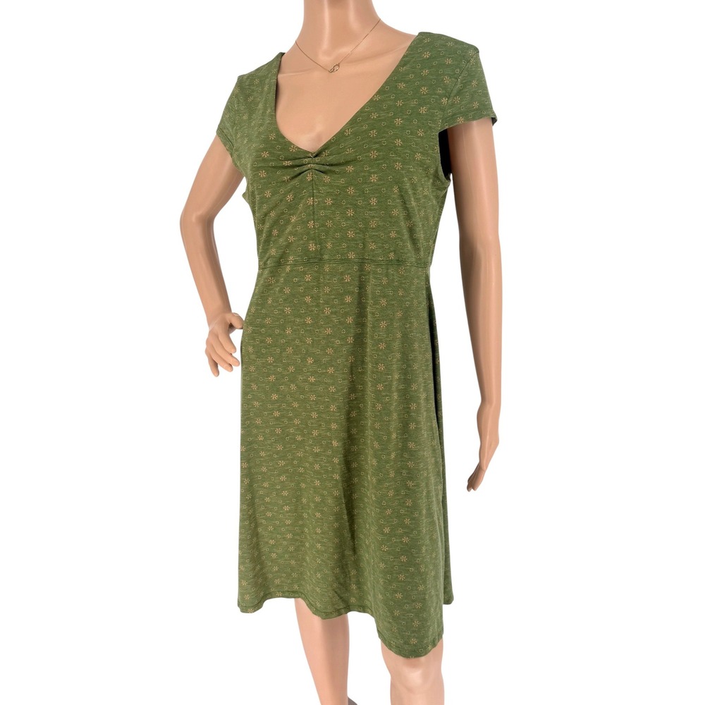 Toad&Co Green Floral V-Neck Cap Sleeve Tencel Organic Cotton Dress Large